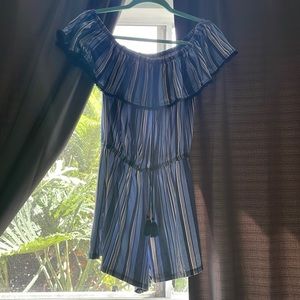 Blue Striped Romper w/ Tassel and Tassel Ties
